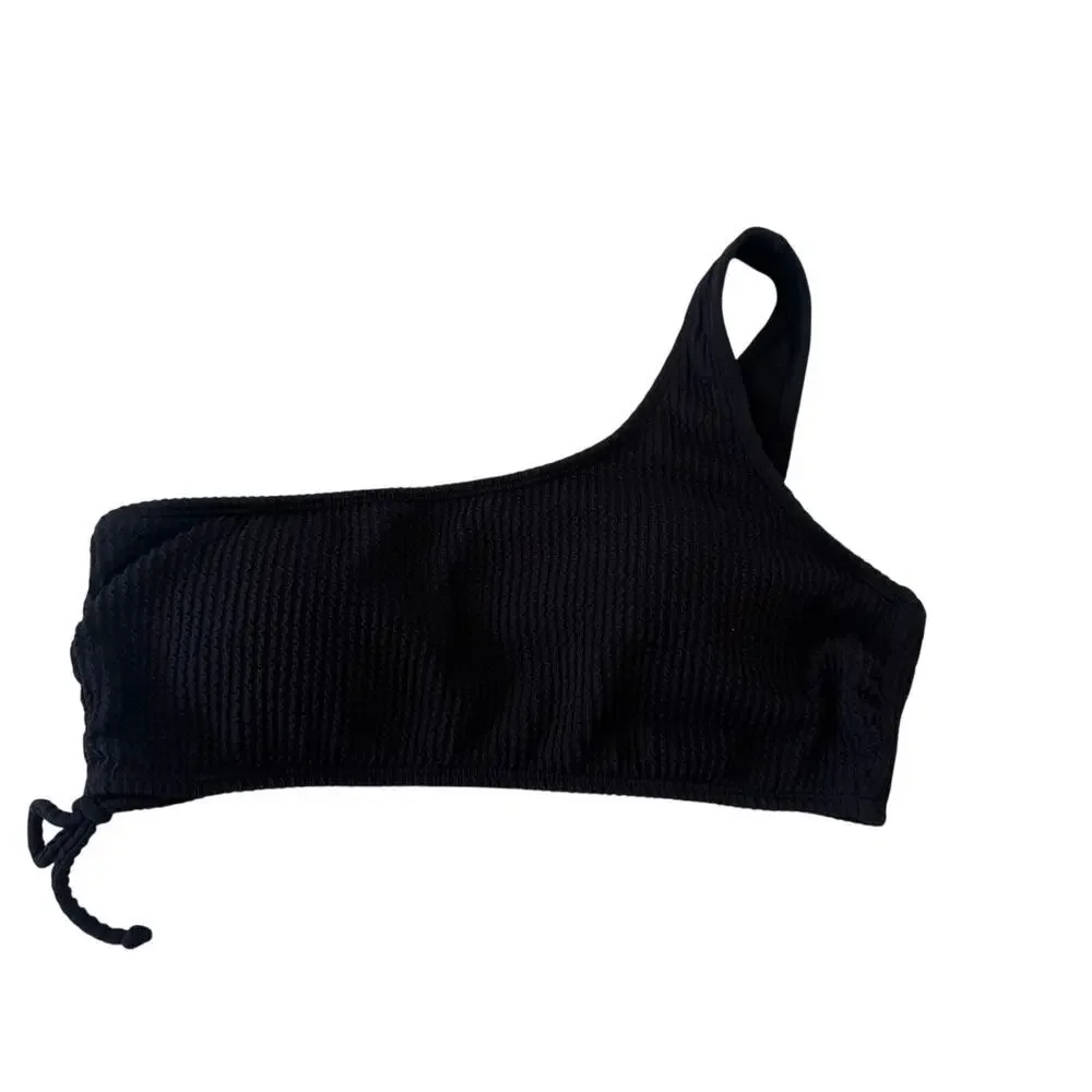 SALT + COVE Black Juniors' One-Shoulder Side-Shirred Bikini Top Size L NWOT